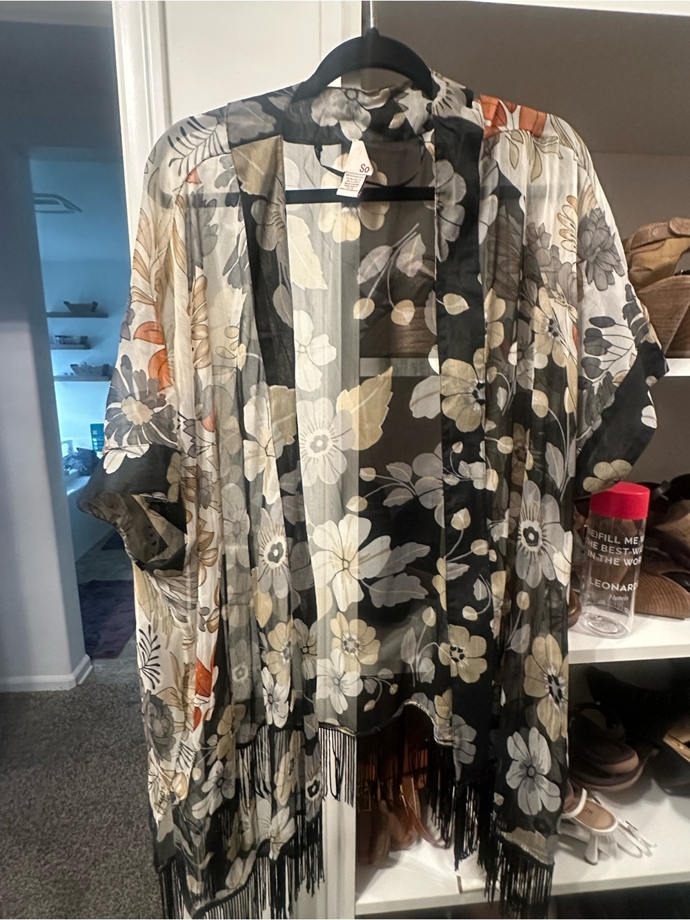Floral Sheer Fringe Kimono Jacket - Black & Cream